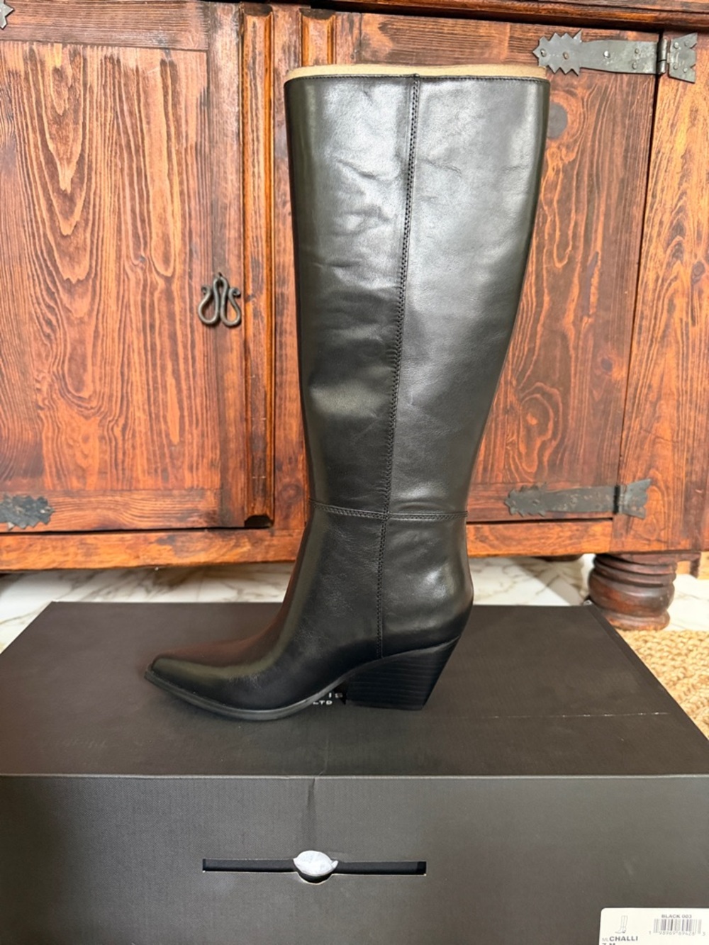 Marc Fisher Black Leather Knee-High Wedge Heel Boots